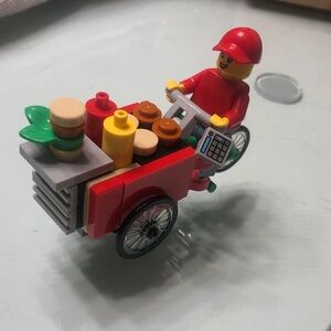 Lego Minifigure on Bicycle with Miniature Food Accessories
